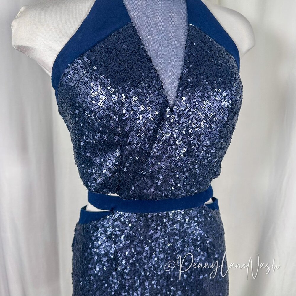 Alyce Paris Sequin Halter V Neck Cutout Fitted Cocktail Dress Navy - Picture 4 of 13